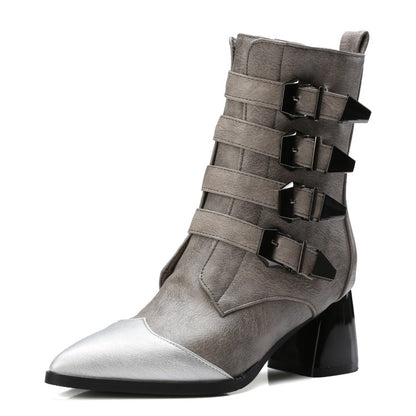 Women's Bicolor Pointed Toe Buckle Belts Block Chunky Heel Short Boots