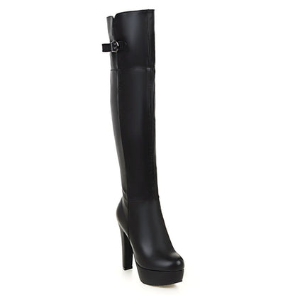 Women's Pu Leather Belts Buckles Chunky Heel Platform Over the Knee Boots