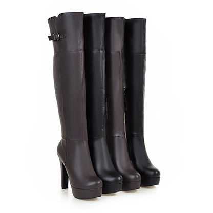 Women's Pu Leather Belts Buckles Chunky Heel Platform Over the Knee Boots