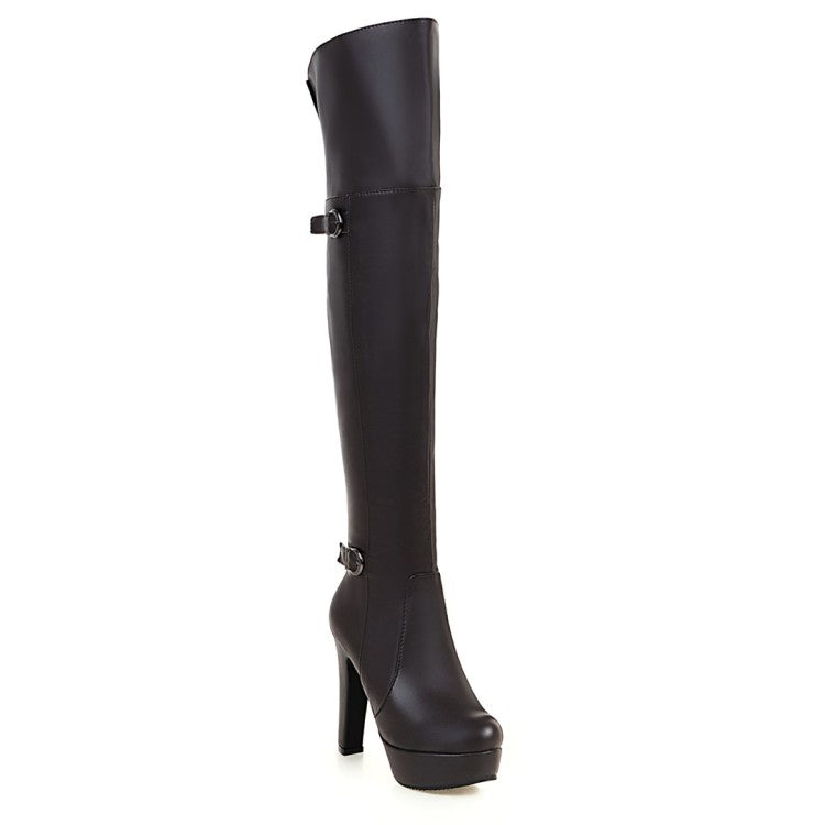 Women's Pu Leather Side Zippers Platform Chunky Heel Over the Knee Boots