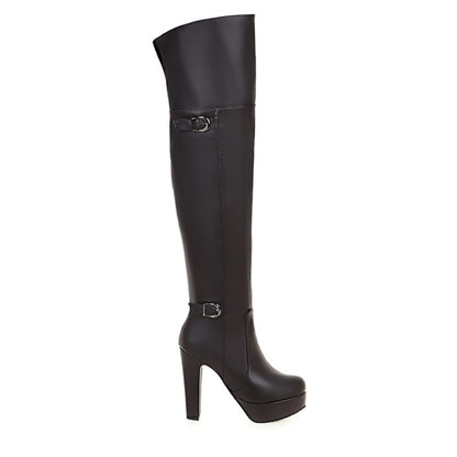 Women's Pu Leather Side Zippers Platform Chunky Heel Over the Knee Boots