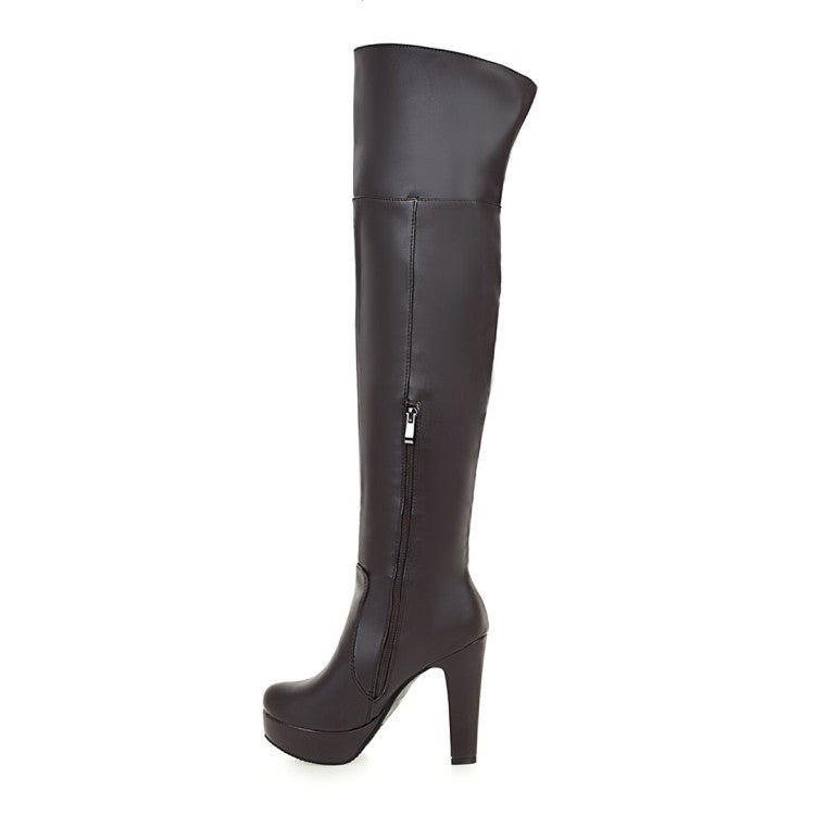 Women's Pu Leather Side Zippers Platform Chunky Heel Over the Knee Boots