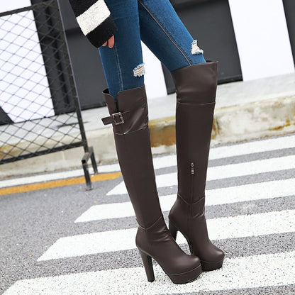 Women's Pu Leather Belts Buckles Side Zippers Chunky Heel Platform Over the Knee Boots