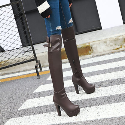 Women's Pu Leather Belts Buckles Side Zippers Chunky Heel Platform Over the Knee Boots