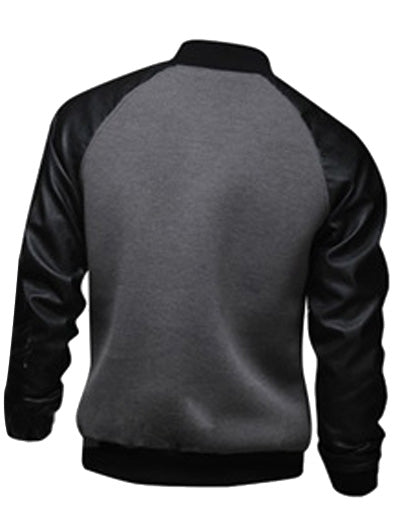 Men's Snap Button Up PU Leather Insert Raglan Sleeves Jacket