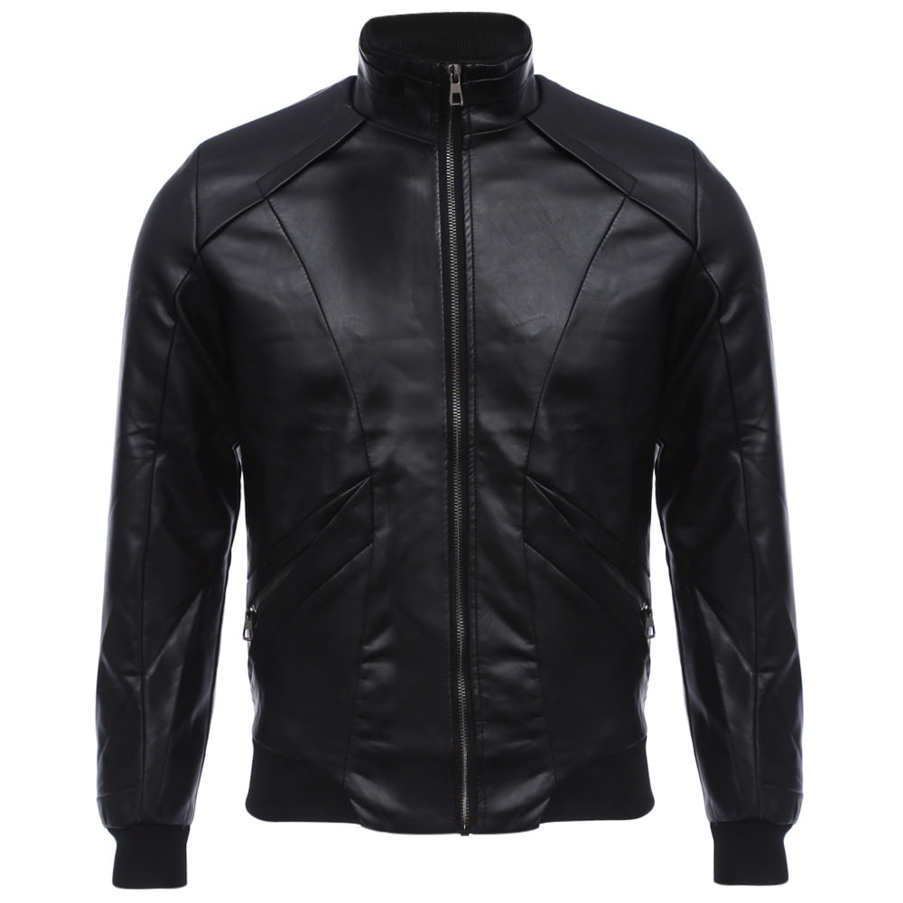 Men's Stylish Zipper Design Stand Collar Warm Slim Fit Leather Coat