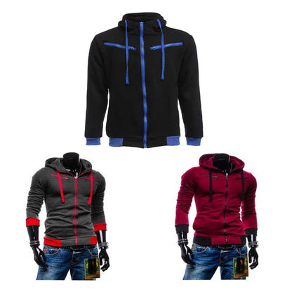 Men's Casual Fleece Color Block Zipper Decoration Drawstring Hoodies