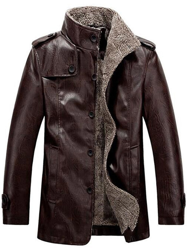 Men's Flocking Single Breasted Stand Collar PU-Leather Jacket
