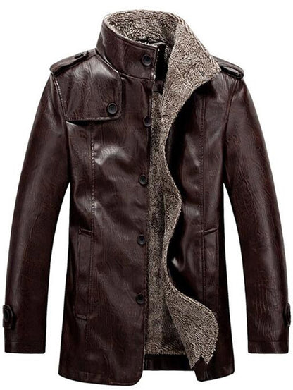 Men's Flocking Single Breasted Stand Collar PU-Leather Jacket