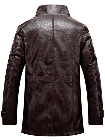 Men's Flocking Single Breasted Stand Collar PU-Leather Jacket