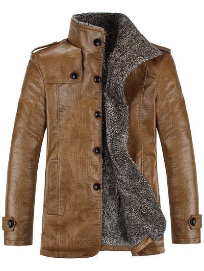 Men's Flocking Single Breasted Stand Collar PU-Leather Jacket