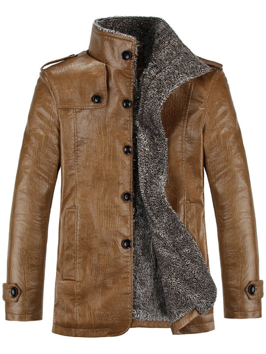 Men's Stand Collar Flocking Single Breasted PU-Leather Jacket