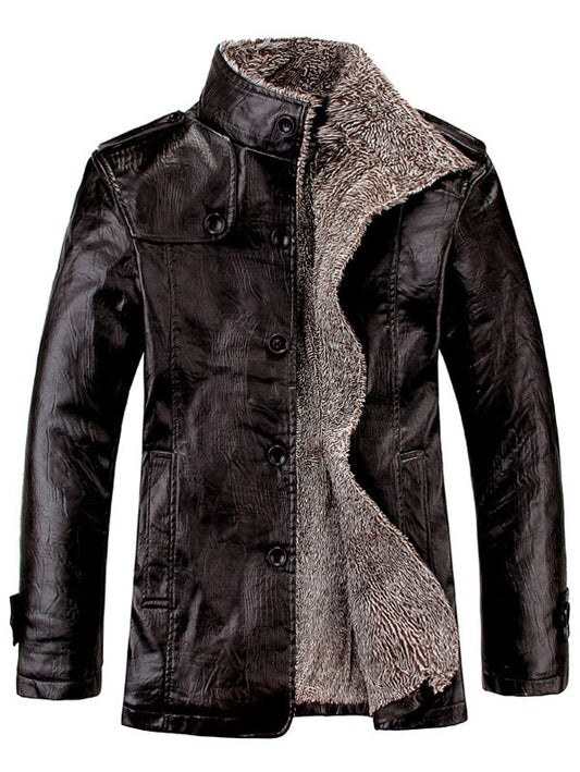 Stand Collar Flocking Single Breasted PU-Leather Jacket 1128