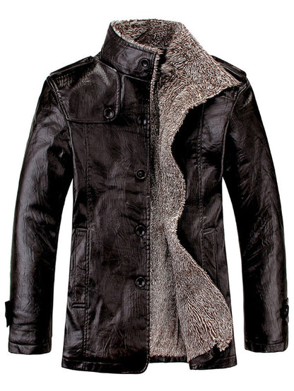 Men's Flocking Single Breasted Stand Collar PU-Leather Jacket