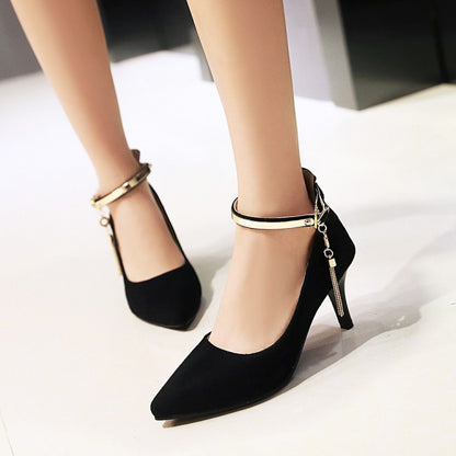 Pointed Toe Metal Ankle Strap Women's High Heels Stiletto Pumps