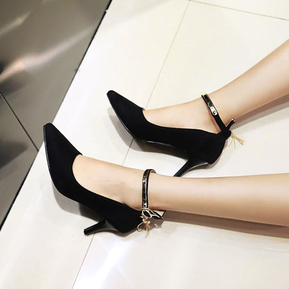 Pointed Toe Metal Ankle Strap Women's High Heels Stiletto Pumps