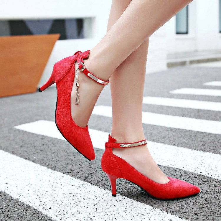 Pointed Toe Metal Ankle Strap Women's High Heels Stiletto Pumps