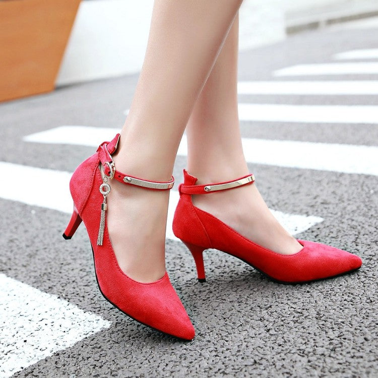Pointed Toe Metal Ankle Strap Women's High Heels Stiletto Pumps