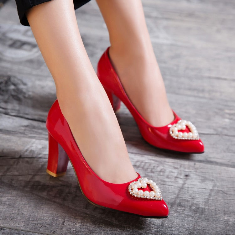Women's Pearl Block Heels Pumps Wedding Shoes