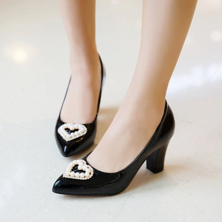 Women's Pearl Block Heels Pumps Wedding Shoes