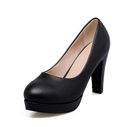 Women's  Pu Leather Round Toe Chunky Heel Platform Pumps