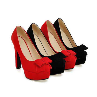 Women's  Suede Round Toe Butterfly Knot Chunky Heel Platform Pumps