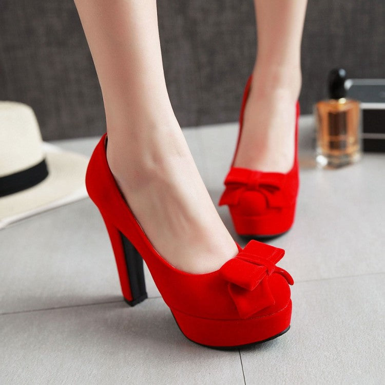 Women's  Suede Round Toe Butterfly Knot Chunky Heel Platform Pumps