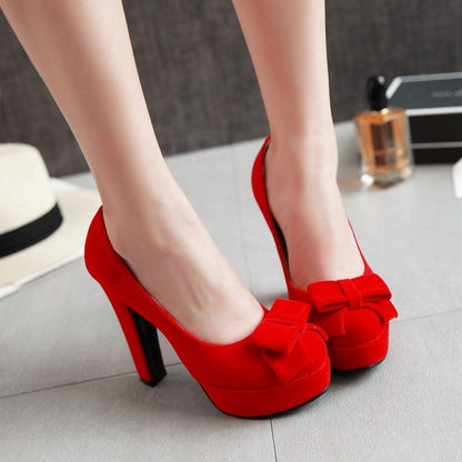 Women's  Suede Round Toe Butterfly Knot Chunky Heel Platform Pumps