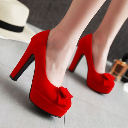 Women's  Suede Round Toe Butterfly Knot Chunky Heel Platform Pumps