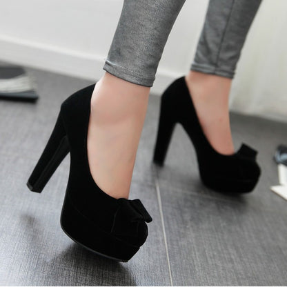 Women's  Suede Round Toe Butterfly Knot Chunky Heel Platform Pumps