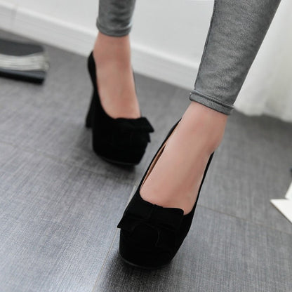 Women's  Suede Round Toe Butterfly Knot Chunky Heel Platform Pumps