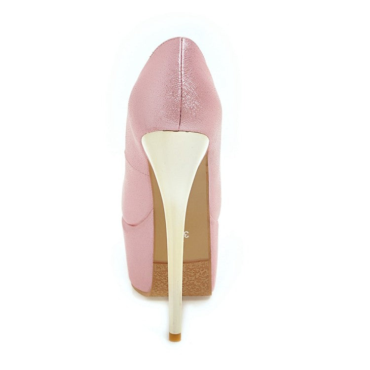 Women's  Glossy Almond Toe Stiletto Heel Platform Pumps Wedding Shoes