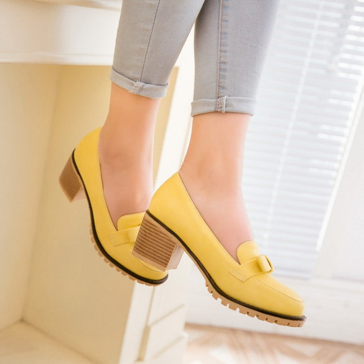 Women's Bow High Heels Chunky Pumps Shoes