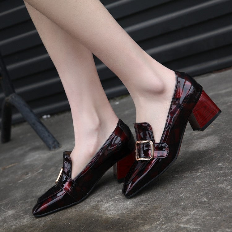 Women's Patent Leather Buckle Chunky Heel Pumps