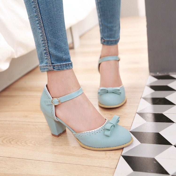 Women's Hollow Out Butterfly Knot Ankle Strap Block Heel Sandals