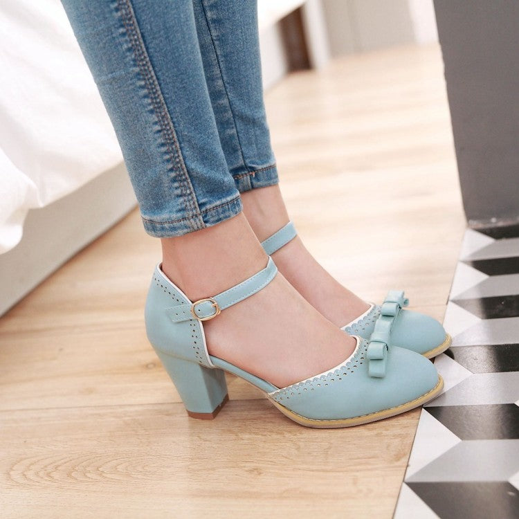 Women's Hollow Out Butterfly Knot Ankle Strap Block Heel Sandals