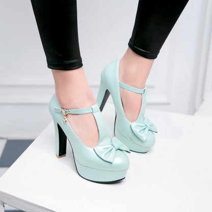 Women's T Strap Bowtie High Heels Chunky Platform Pumps