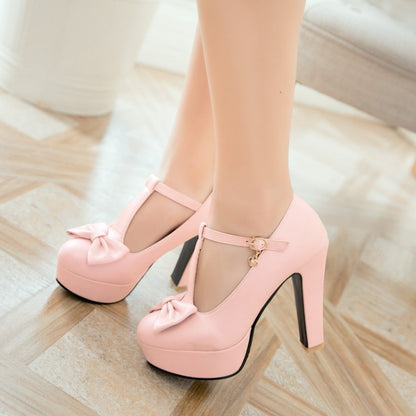 Women's T Strap Bowtie High Heels Chunky Platform Pumps