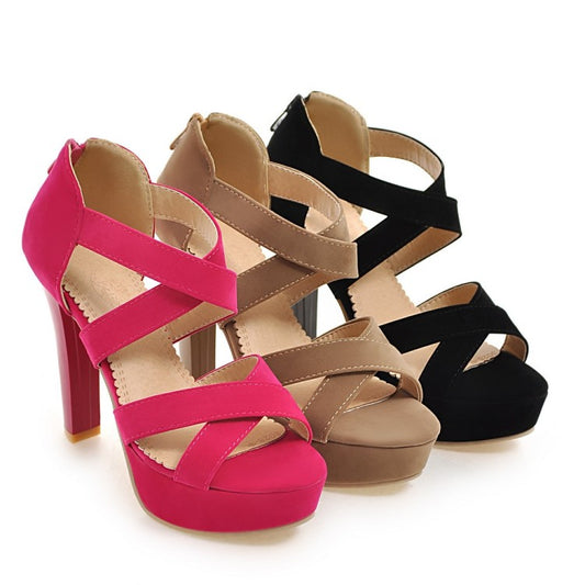 Women's Solid Color Cross Strap Ankle Wrap High Heel Platform Sandals