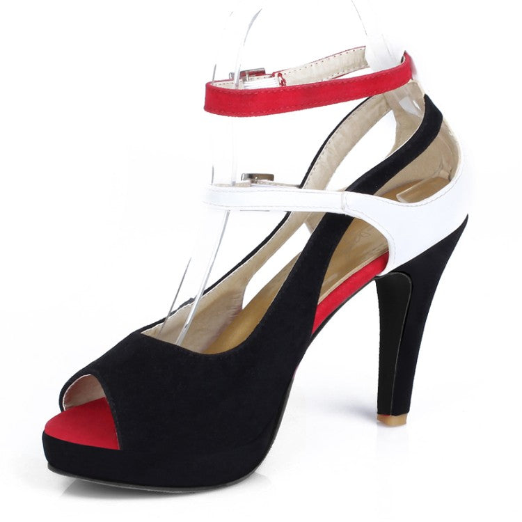 Women's Peep Toe Color Block Strap Buckle High Heel Platform Sandals
