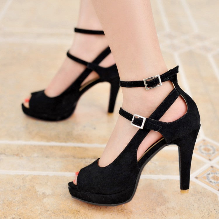 Women's Peep Toe Color Block Strap Buckle High Heel Platform Sandals
