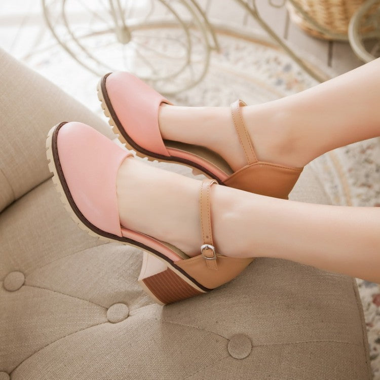 Women's's Color Block Round Toe Ankle Strap Block Heel Sandals