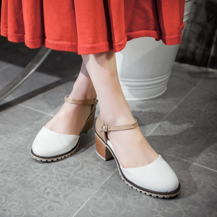 Women's's Color Block Round Toe Ankle Strap Block Heel Sandals
