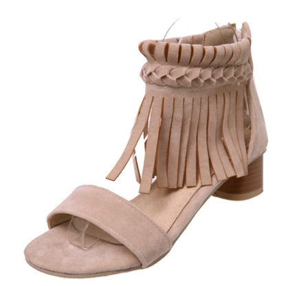 Women's Woven Tassel Ankle Strap Block Heel Sandals