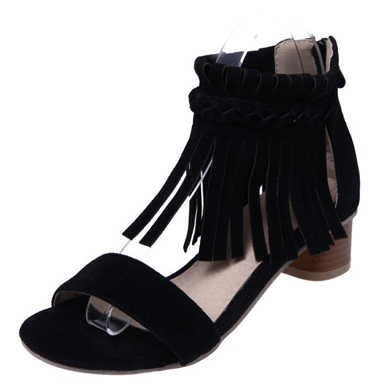 Women's Woven Tassel Ankle Strap Block Heel Sandals