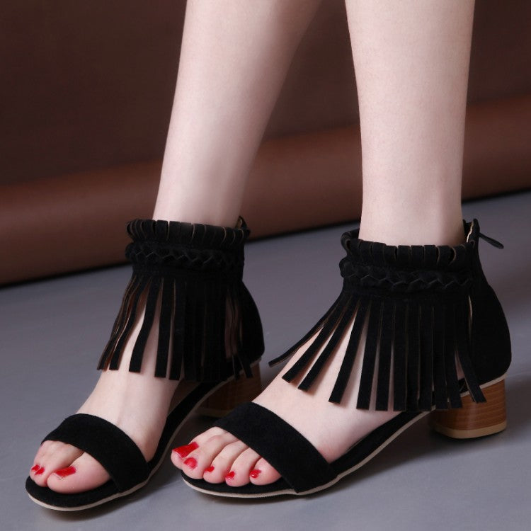 Women's Woven Tassel Ankle Strap Block Heel Sandals