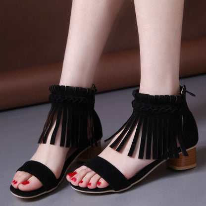 Women's Woven Tassel Ankle Strap Block Heel Sandals