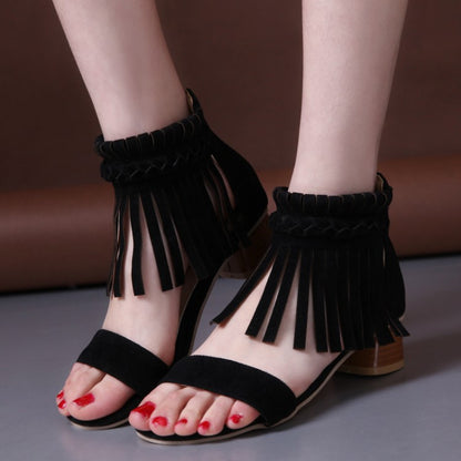 Women's Woven Tassel Ankle Strap Block Heel Sandals