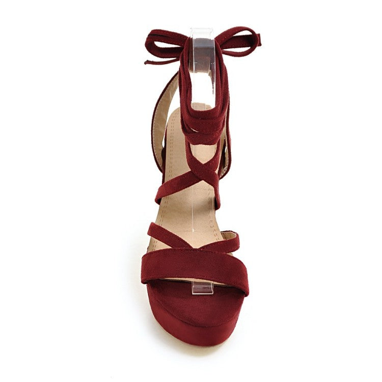 Women's Solid Color Cross Strap Back Butterfly Knot Platform Chunky Heel Platform Sandals