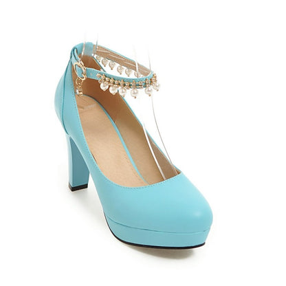 Women's  Pu Leather Round Toe Rhinestone Chunky Heel Platform Pumps